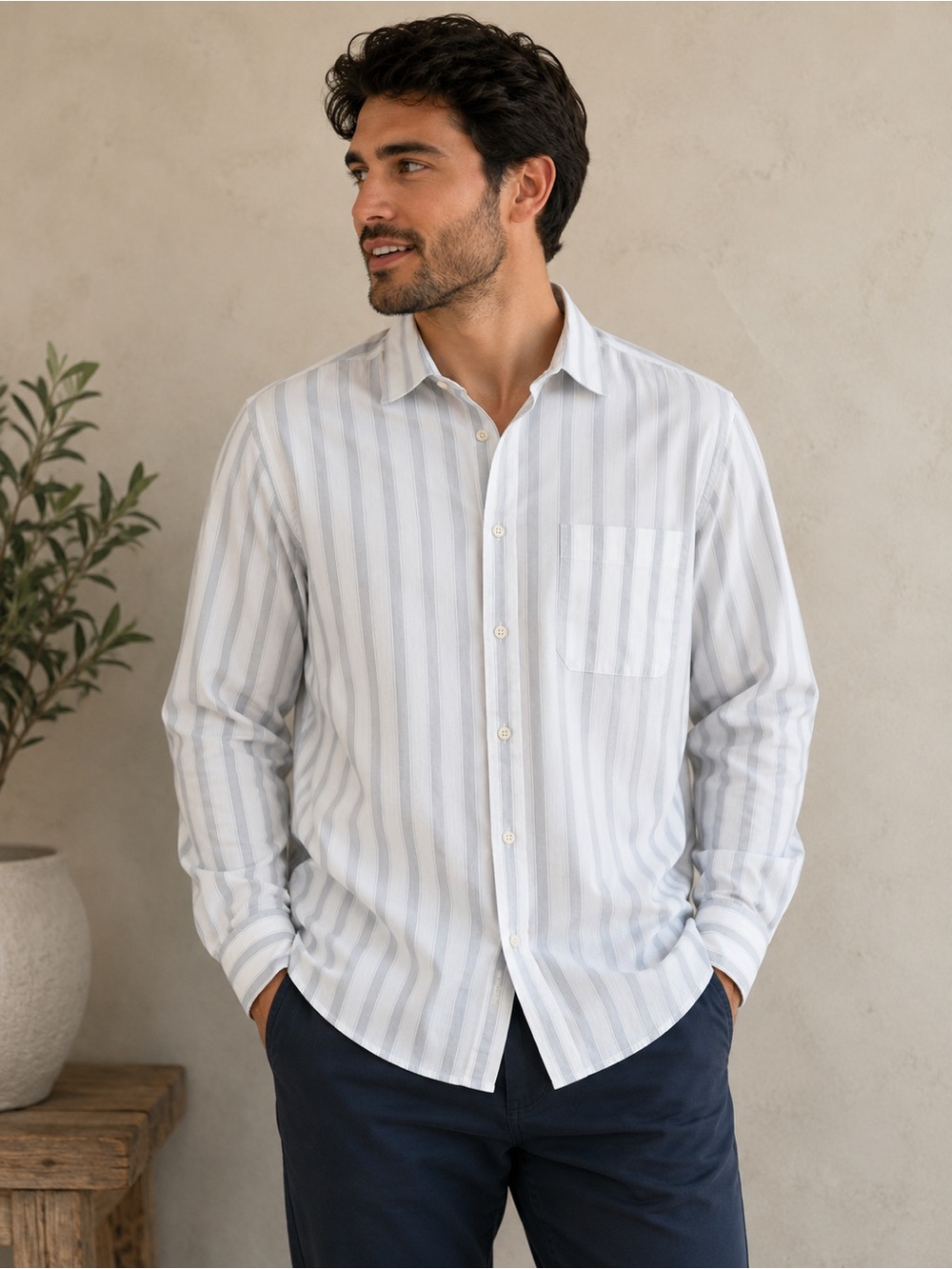 Henry Grethel Fitted Men's Dress Shirt Striped White Grey Long Sleeve